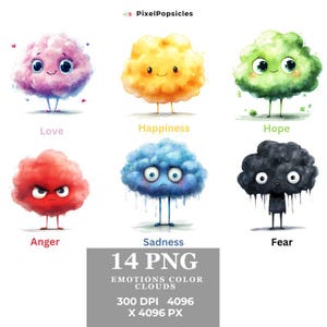 14 Kids emotions Color Clouds clipart , feelings clip art, Color emotions png, emotion faces, digital download, Personal and Commercial use