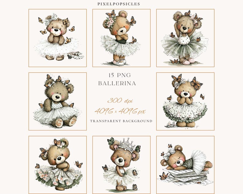 Watercolor Ballerina Teddy Bear Clipart Set | 15 PNG | Ballet Bear With ...