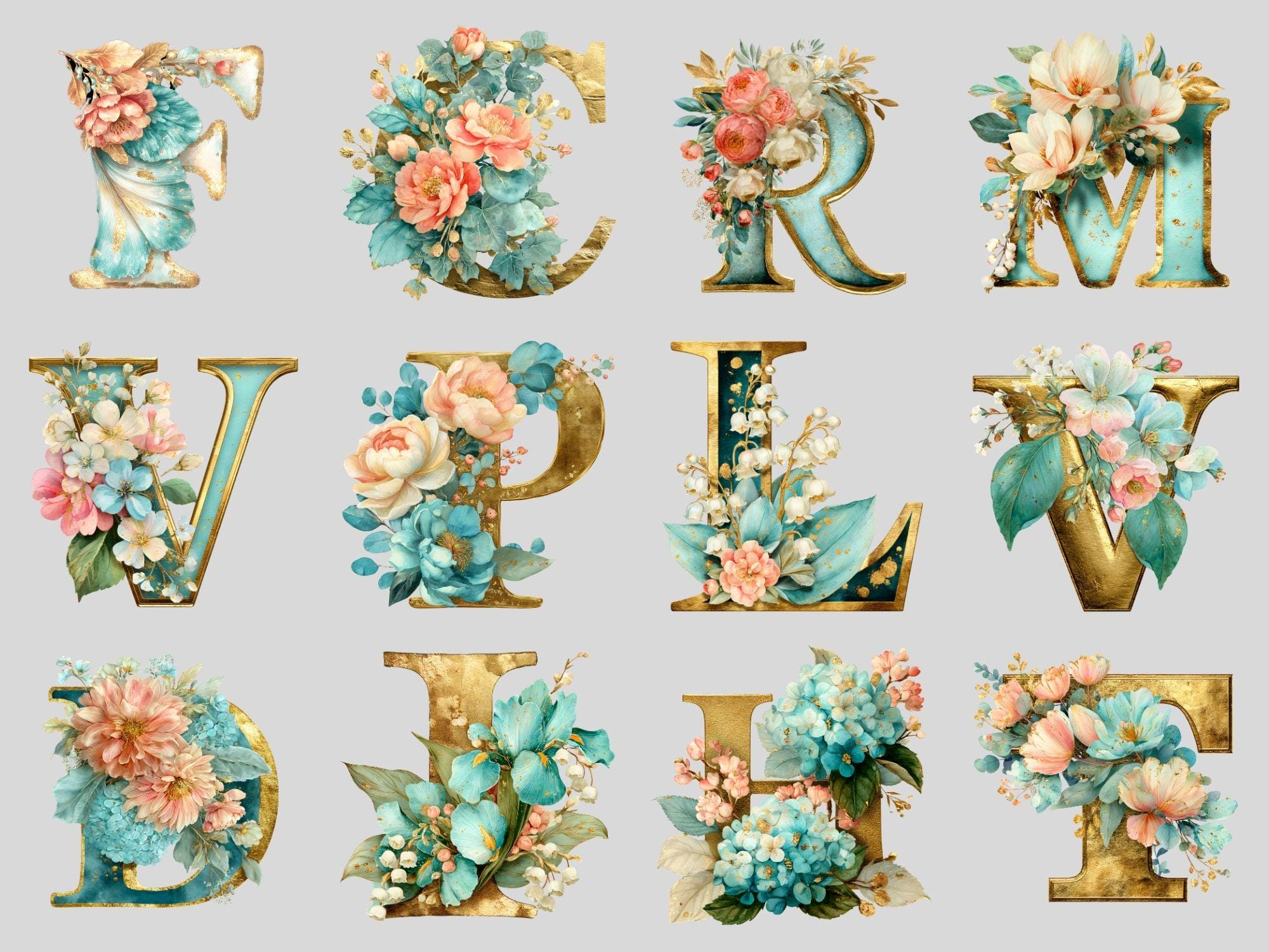 Floral Alphabet Clipart Bundle Watercolor Flowers & Birds PNG ...