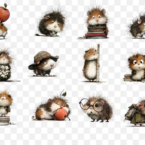 May include: A collection of whimsical illustrations of guinea pigs in various poses. Some guinea pigs are holding apples, books, or wearing glasses and hats. The artwork features a soft, watercolor style with detailed fur textures and expressive eyes.