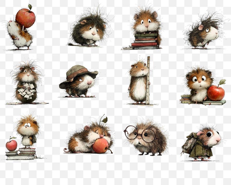 May include: A collection of whimsical illustrations of guinea pigs in various poses. Some guinea pigs are holding apples, books, or wearing glasses and hats. The artwork features a soft, watercolor style with detailed fur textures and expressive eyes.