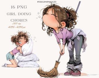 Dibujos animados de una niña haciendo sus tareas diarias (Ilustraciones PNG) para descarga digital