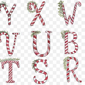 May include: Watercolor alphabet letters in red and white candy cane stripes, with green sprigs of leaves. The letters include Y, X, W, V, U, B, T, S, and R. The letters are arranged in a grid.