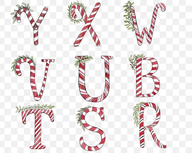 May include: Watercolor alphabet letters in red and white candy cane stripes, with green sprigs of leaves. The letters include Y, X, W, V, U, B, T, S, and R. The letters are arranged in a grid.
