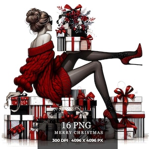 Festive Christmas Shopping Girl PNG Clipart, 16 Fashion Holiday Illustrations, Stylish Christmas Girl Clipart, Holiday Season Clipart,