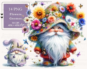 14 imágenes prediseñadas de gnomos con flores en formato PNG, gnomo arcoíris de primavera en formato PNG, arte de jardín caprichoso.