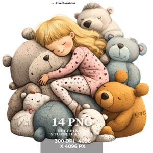 Może przedstawiać: Mała dziewczynka śpi smacznie otoczona kolekcją pluszowych zabawek. Dziewczynka ma na sobie różową i białą sukienkę w serduszka. Pluszowe zabawki to szary miś, biały miś, niebieski miś i brązowy miś.