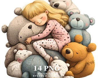 14 Kids Sleeping Clipart,Baby Sleeping on stuffed animals Nursery Print,Printable Watercolor,High Quality PNG, Digital download, Paper craft
