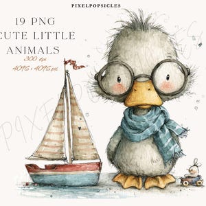 Può includere: Illustrazione ad acquerello di un'anatra carina con occhiali e una sciarpa blu, accanto a una barca a vela. L'immagine include il testo "19 PNG Cute Little Animals". La barca a vela è rossa, blu e bianca.