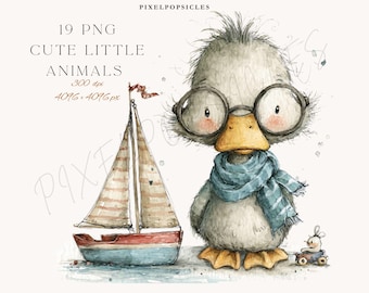 Puede incluir: Ilustración en acuarela de un pato con gafas y una bufanda azul, junto a un velero. La imagen incluye el texto "19 PNG Cute Little Animals". El velero es rojo, azul y blanco.