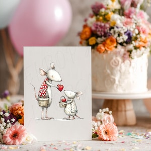 May include: A greeting card featuring two cartoon mice. One mouse, wearing a red polka-dot dress, offers a heart-shaped apple to the other mouse. Both mice hold baskets. The background includes a cake, flowers, and balloons.