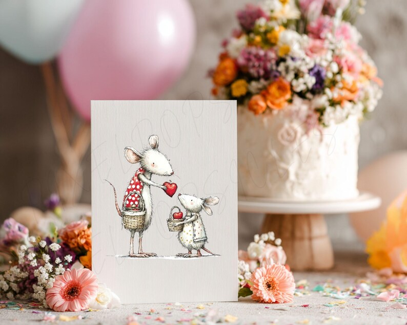 May include: A greeting card featuring two cartoon mice. One mouse, wearing a red polka-dot dress, offers a heart-shaped apple to the other mouse. Both mice hold baskets. The background includes a cake, flowers, and balloons.
