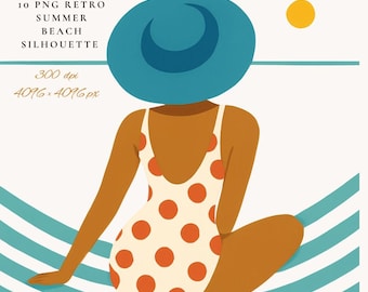 Puede incluir: Ilustración de silueta retro de playa de verano. Una persona con sombrero azul y traje de baño blanco con lunares naranjas está sentada en una toalla de playa a rayas. La imagen incluye el texto "10 PNG Retro Summer Beach Silhouette".