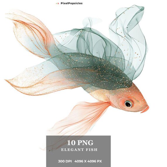 Elegant Goldfish Watercolor Art Print (Digital Download, 10 PNGs, 4096x4096 px, 300 DPI )
