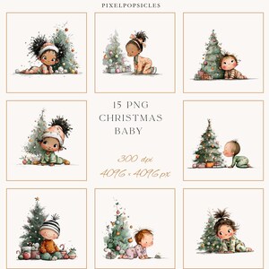 Puede incluir: Ilustraciones en acuarela de beb&eacute;s con &aacute;rboles de Navidad. Cada beb&eacute; est&aacute; representado con atuendo festivo, gateando cerca de un &aacute;rbol decorado con regalos. El texto "15 PNG CHRISTMAS BABY" es visible, junto con los detalles de resoluci&oacute;n.