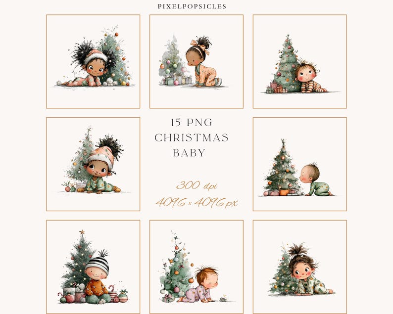 Puede incluir: Ilustraciones en acuarela de beb&eacute;s con &aacute;rboles de Navidad. Cada beb&eacute; est&aacute; representado con atuendo festivo, gateando cerca de un &aacute;rbol decorado con regalos. El texto "15 PNG CHRISTMAS BABY" es visible, junto con los detalles de resoluci&oacute;n.