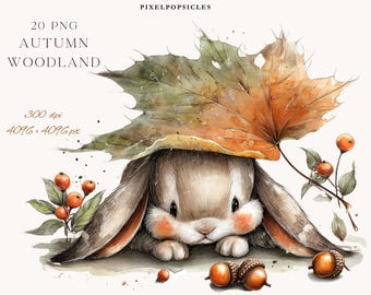 May include: Watercolor illustration of a bunny hiding under a large autumn leaf. The bunny is brown with pink cheeks and long ears. Berries and acorns are scattered around the bunny. Text at the top reads "PIXELPOPSICLES" and "20 PNG AUTUMN WOODLAND".