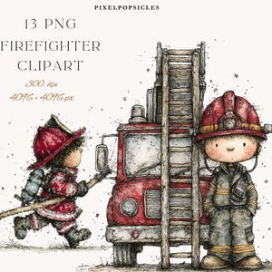 Peut inclure: Illustration à l'aquarelle sur le thème des pompiers. L'image présente un camion de pompiers rouge, une échelle en bois et deux pompiers de dessins animés. L'un tient un balai, l'autre est debout à côté du camion. Le texte "13 PNG Firefighter Clipart" est en haut.
