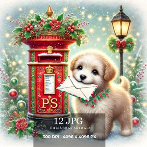 Animali di Natale e cassetta postale Clipart / 12 JPG di alta qualità / Artigianato di carta digitale / Abbigliamento Acquerello / Gnomi festivi