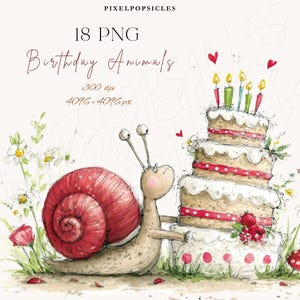 Könnte beinhalten: Aquarellillustration einer Schnecke mit rotem Gehäuse neben einer dreistöckigen Geburtstagstorte mit brennenden Kerzen. Das Bild enthält den Text "Birthday Animals" und "18 PNG". Blumen und Herzen sind ebenfalls vorhanden.