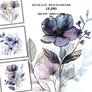 Delicadas flores abstractas JPG / Arte floral en acuarela suave / Ilustración digital para tarjetas, carteles, álbumes de recortes de bodas