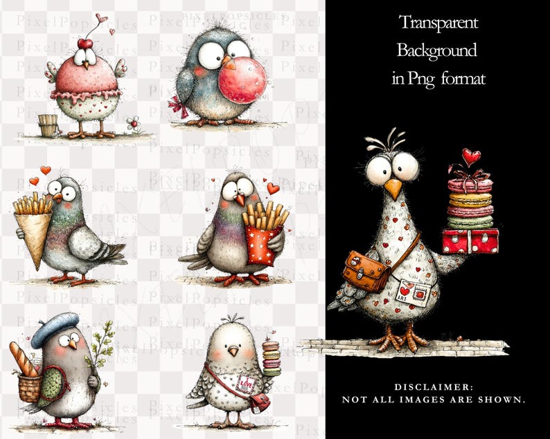 Funny Pigeon Clipart PNG, Sketchy City Bird with French Fries and Macarons image 2