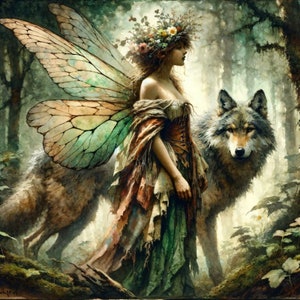 May include: A fairy with large, iridescent wings and a floral crown stands in a forest with a wolf by her side. The fairy wears a long, flowing dress with a brown bodice and a green skirt. The wolf is brown and gray with a white chest.