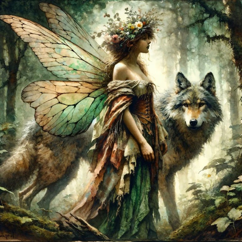 May include: A fairy with large, iridescent wings and a floral crown stands in a forest with a wolf by her side. The fairy wears a long, flowing dress with a brown bodice and a green skirt. The wolf is brown and gray with a white chest.