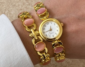 Gold Vintage Watch Vintage Women Quartz Watch Bracelet Pink Glass Stones