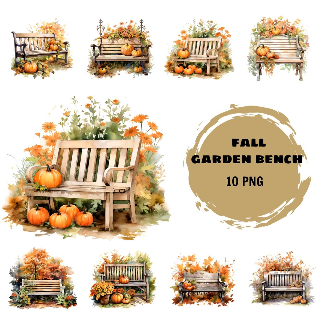 Watercolor Fall Garden Bench Clipart 10 Digital PNG Images - Etsy