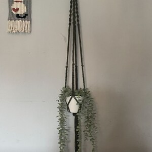 Peut inclure: Un porte-plante en macram&eacute; vert fonc&eacute; avec un pot en c&eacute;ramique blanc et une plante verte retombante. Le porte-plante est suspendu &agrave; un mur gris clair.