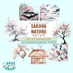 桜の自然クリップアートセット、桜の木のPNGバンドル、日本の家、昇華デザイン、デジタルダウンロード、日本の春の花のクリップアート