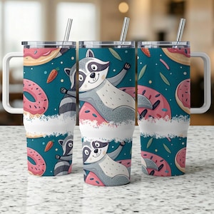 Raccoon Donut 40oz Tumbler Wrap, Sublimation PNG, Fun Cartoon Animal Drinkware, Digital Download, Seamless Pattern, Straight and Distressed