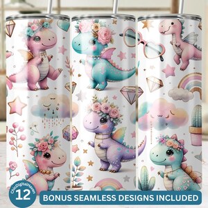 Girly Dinosaur Art 20 oz Skinny Tumbler Wrap PNG, Sublimation Design, Funny Watercolor Kawaii Animal, Digital Download, Trendy Gift for her