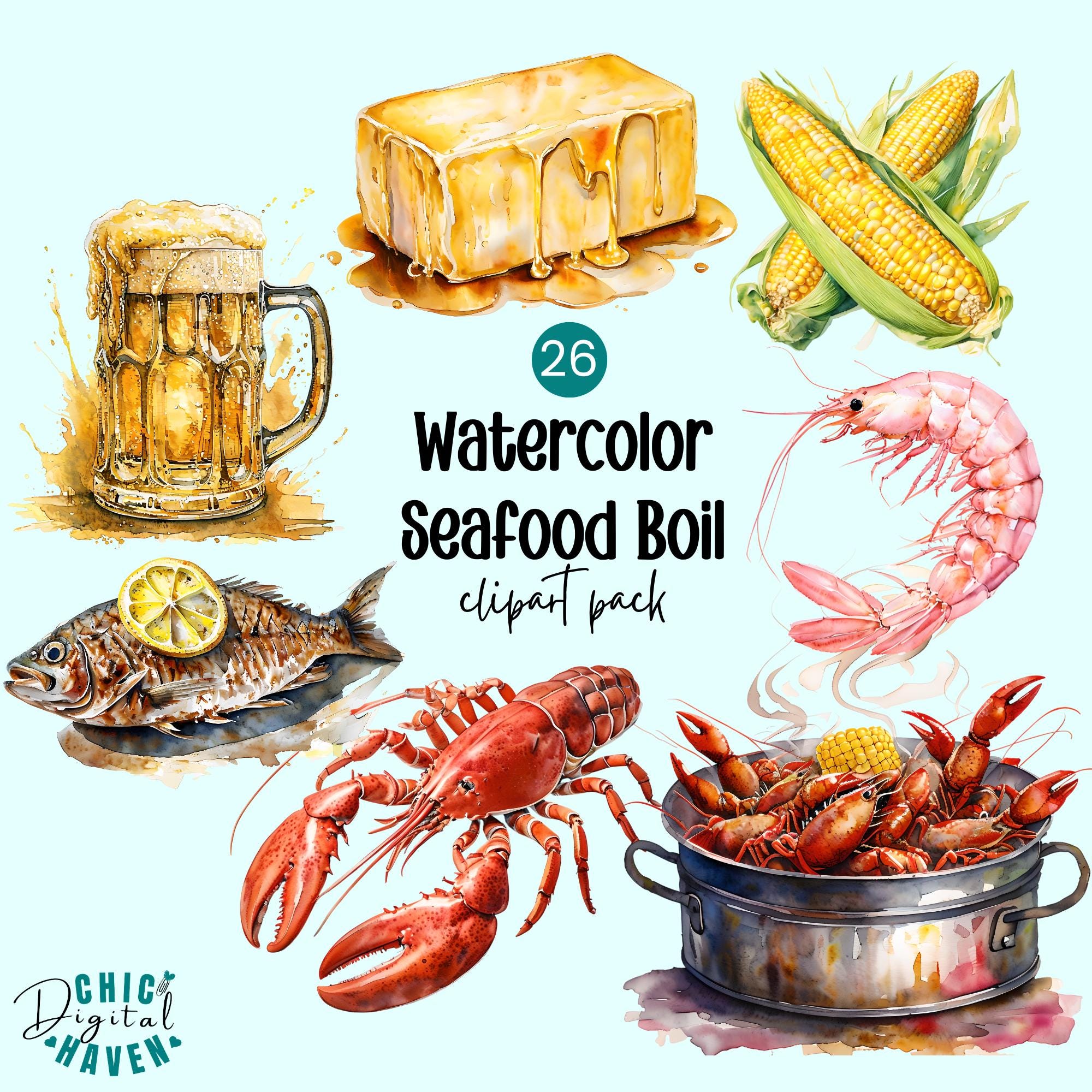Shrimps Clipart Watercolor Seafood Boil Art, Instant Download, Crawfish, Prawn, Kitchen Art, Party Decor, Gift for Moms,  festival booth PNG