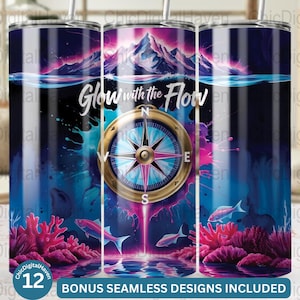Neon Compass Mountain Tumbler Wrap: Glow-in-the-Dark Nautical PNG (Digital Download)