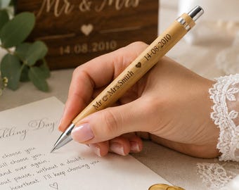 Custom Engraved Bamboo Wedding Pen, Mr & Mrs Guest Book, Bridal Shower Gift.