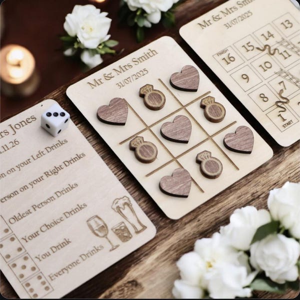 Personalisierte Hölzerne Hochzeit Spiele - Tic Tac Toe und Schlangen & Leitern Rustikale Bevorzugungen für Gäste - Party - Hochzeitsideen | Herzen und Kreuze