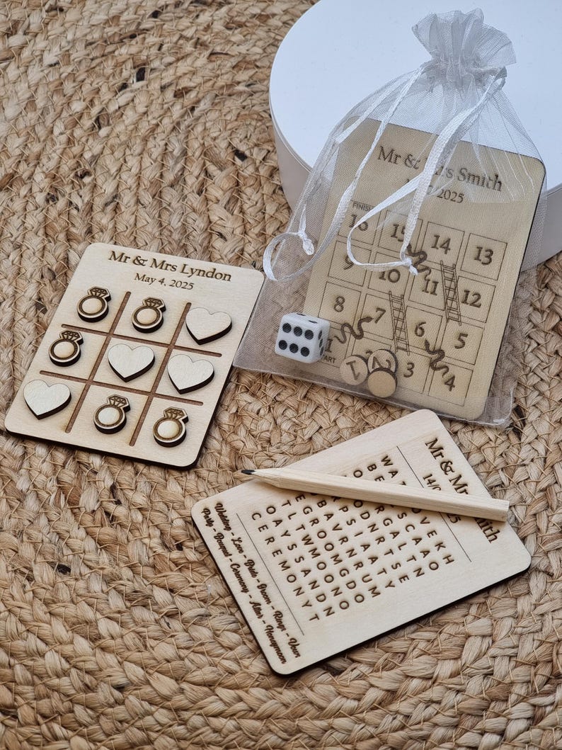 Jeux de mariage en bois personnalisés, dame et tic-tac-toe
