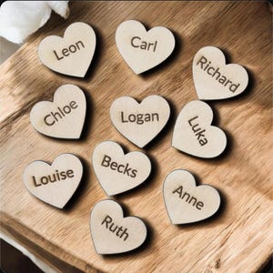 Custom Wooden Heart Place Cards for Wedding, Personalized Birch Plywood Names, Rustic Guest Favors