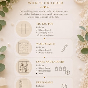 May include: A wedding games set with the text "WEDDING GAMES" and "WHAT'S INCLUDED". The set includes Tic Tac Toe, Word Search, Snake and Ladders, and a Drink Game. The image has a soft, neutral color palette with floral and lace accents.