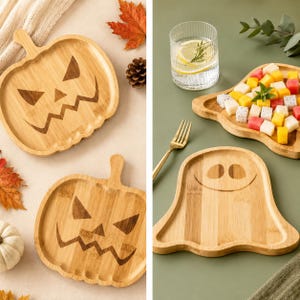 Bamboe Halloween serveerschaal – Pompoen- en spookvormen, herfstfeestdecoratie