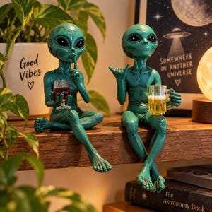 May include: Two teal-coloured alien figurines sitting on a wooden ledge. The left alien holds a wine glass and makes a shushing gesture. The right alien makes a hand sign and holds a beer mug. Both have large black eyes and slender limbs.