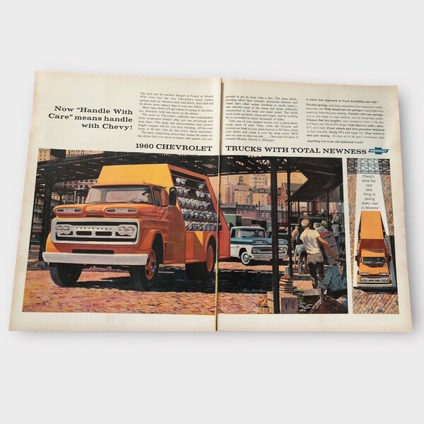 Vintage  2-page General Motors Chevrolet Trucks Magazine Advertisement | Old Automobile Ads | 1960s | Retro Ad | Vintage Ephemera | Gift Ide