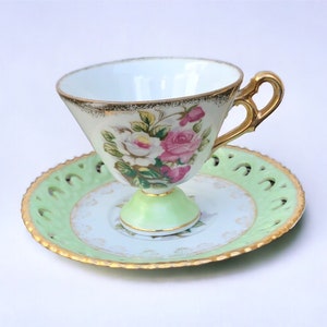 Set di tazze da tè e piattino vintage giapponese n. 5063 Rose rosa e bianche reticolate con finiture in foglia d&#39;oro Cina
