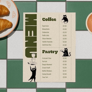 Modèle de menu de café de chat rétro, menu de café drôle, modèle de menu imprimable de toile, menu mignon de pâtisserie pour le brunch et la boulangerie