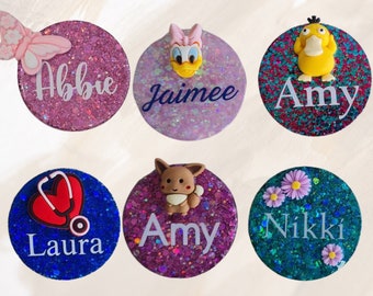 Personalised work,nurse,teacher, work, healthcare glitter magnetic,pin name badge,charms.