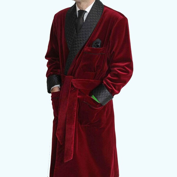 Men's smoking jacket burgundy Smoking jacket long gown, quilted smoking jacket long gown, velvet long jacket, Dinner smoking jacket for men,