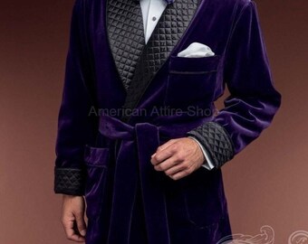 Men's smoking jacket purple men dressing smocking jacket evening wear jackets black quilted robe velvet gown lapel design gift for husband