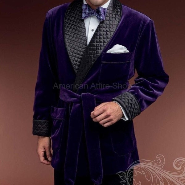 Men's smoking jacket purple men dressing smocking jacket evening wear jackets black quilted robe velvet gown lapel design gift for husband